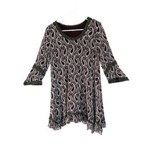 Adorn Brown Paisley Lace Mini Dress 3/4 Bell Sleeve Asymetrical Large Boho Chic